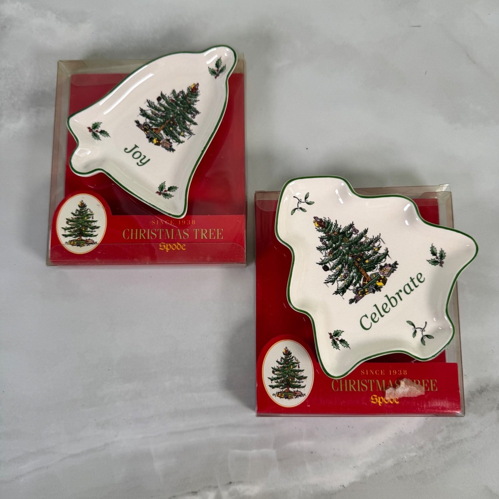 Lot of 2 Spode Christmas Tree Trinket Dishes & Boxes Tree Bell 5" Joy Celebrate
